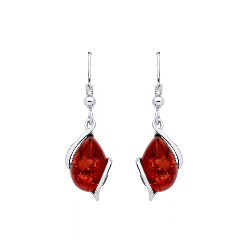 Sterling Silver Natural Baltic Amber Asymmetric Teardrop Drop Earrings