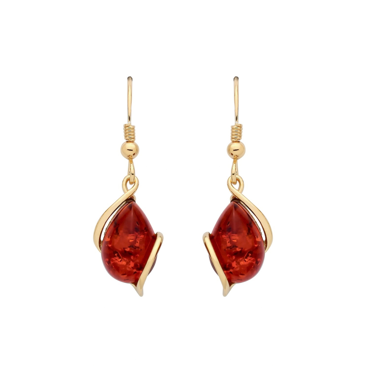 Gold Plated Sterling Silver Natural Baltic Amber Asymmetric Teardrop Drop Earrings