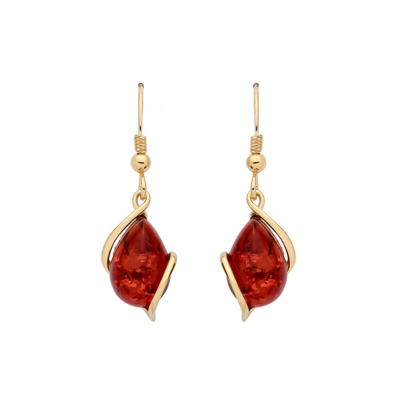 Gold Plated Sterling Silver Natural Baltic Amber Asymmetric Teardrop Drop Earrings