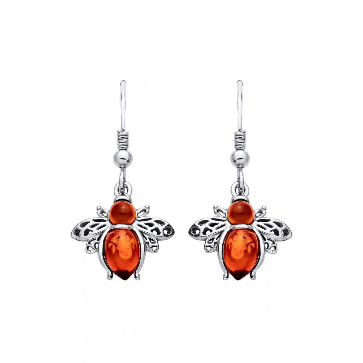 Sterling Silver Natural Baltic Amber Bee Drop Earrings