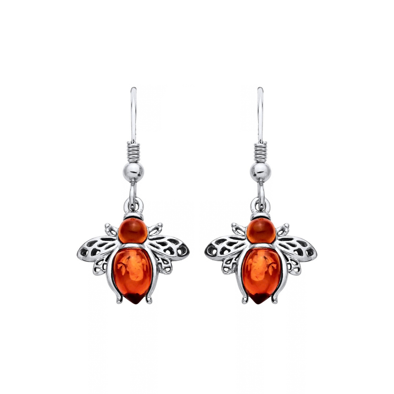 Sterling Silver Natural Baltic Amber Bee Drop Earrings