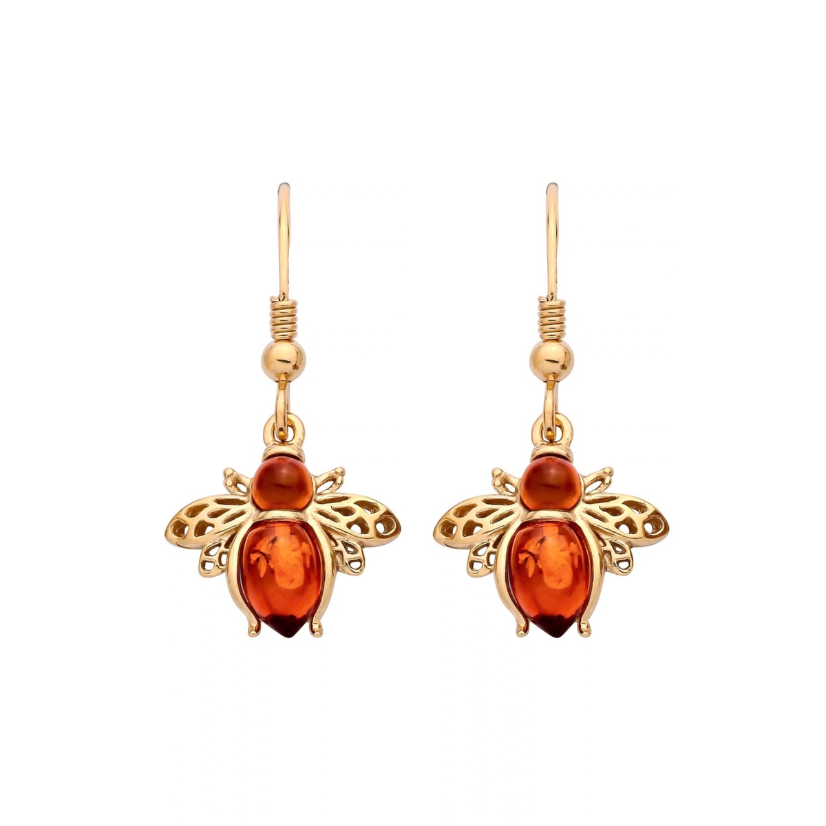 Gold Plated Sterling Silver Natural Baltic Amber Bee Drop Earrings