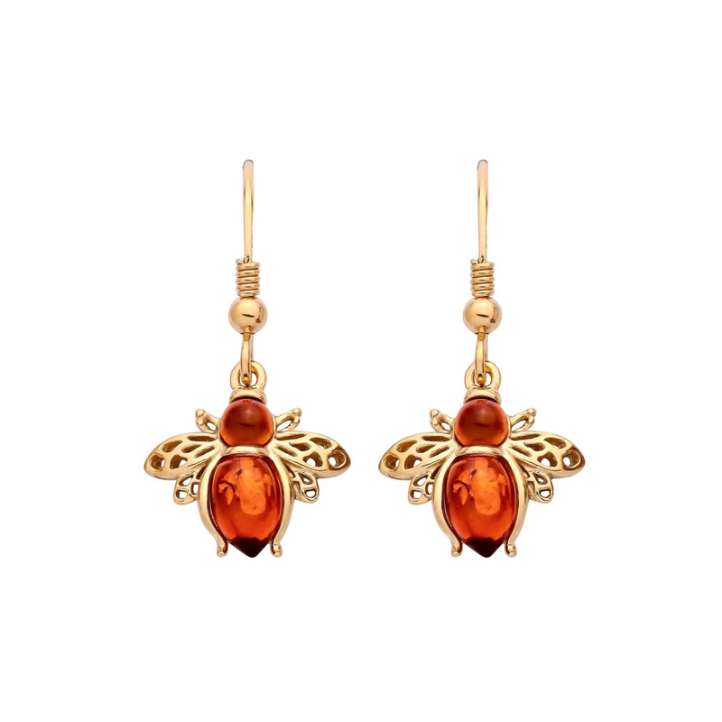 Gold Plated Sterling Silver Natural Baltic Amber Bee Drop Earrings
