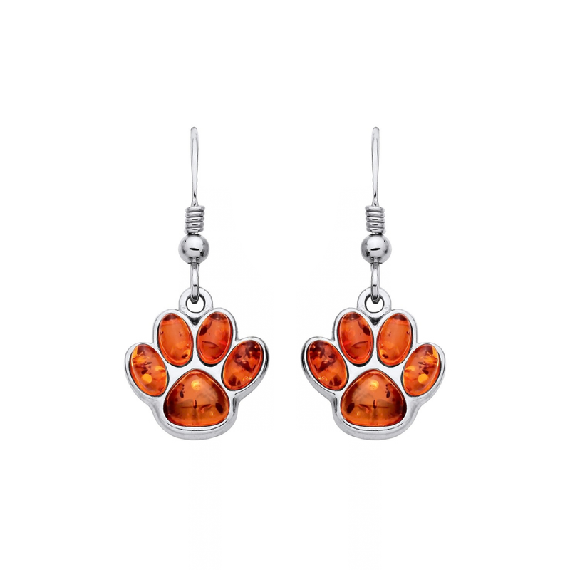 Sterling Silver Natural Baltic Amber Paw Print Drop Earrings
