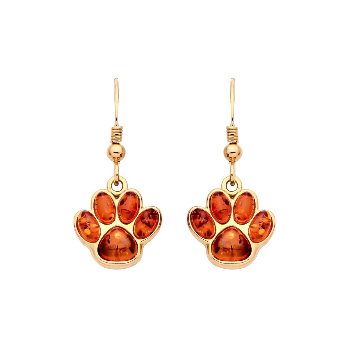 Gold Plated Sterling Silver Natural Baltic Amber Paw Print Drop Earrings