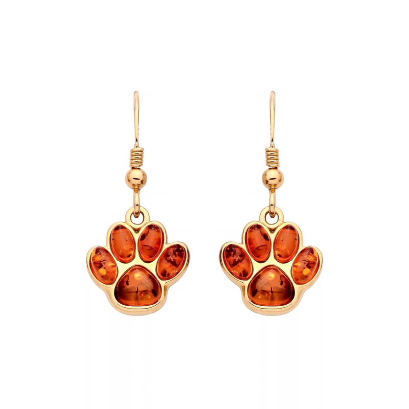 Gold Plated Sterling Silver Natural Baltic Amber Paw Print Drop Earrings