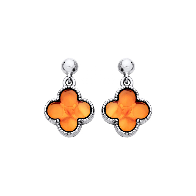 Sterling Silver Natural Baltic Amber Clover Drop Earrings