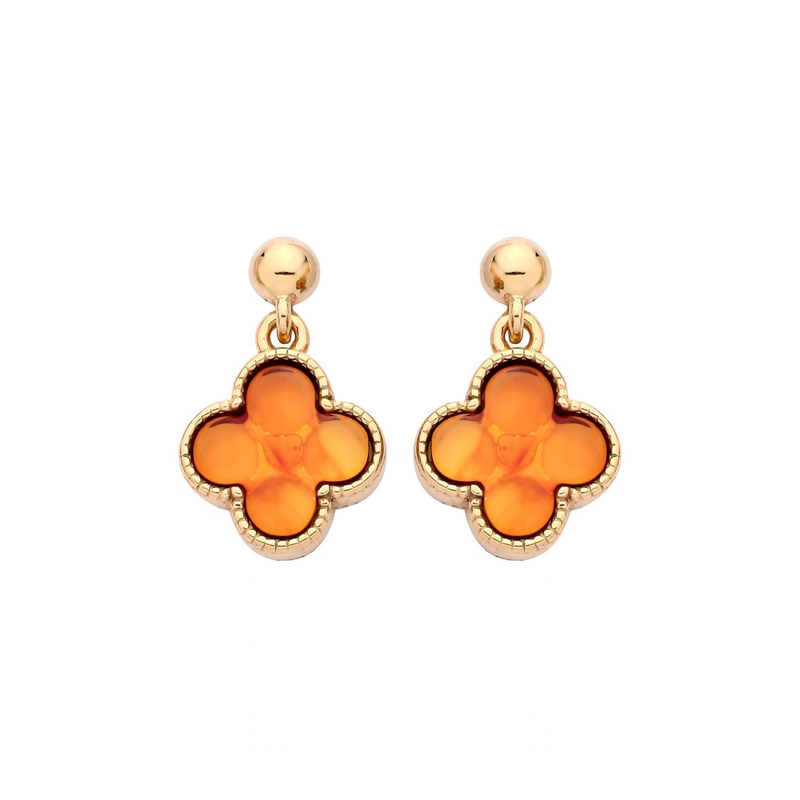 Gold Plated Sterling Silver Natural Baltic Amber Clover Drop Earrings
