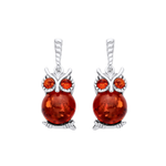 Sterling Silver Natural Baltic Amber Owl Drop Earrings