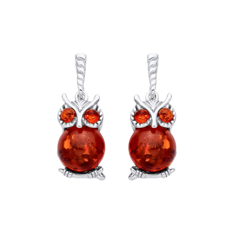 Sterling Silver Natural Baltic Amber Owl Drop Earrings