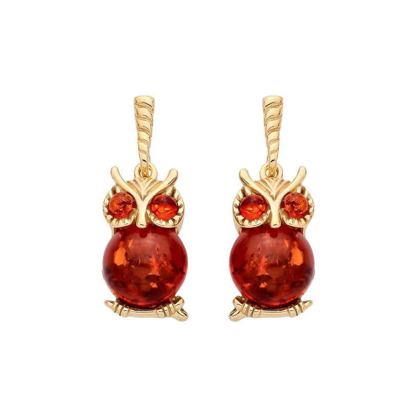 Gold Plated Sterling Silver Natural Baltic Amber Owl Drop Earrings