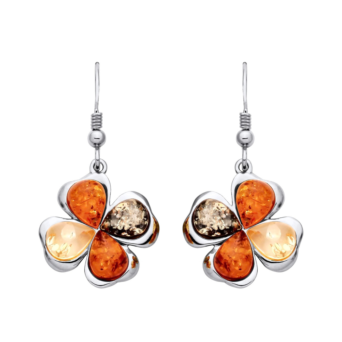 Sterling Silver Natural Baltic Amber Shamrock Drop Earrings