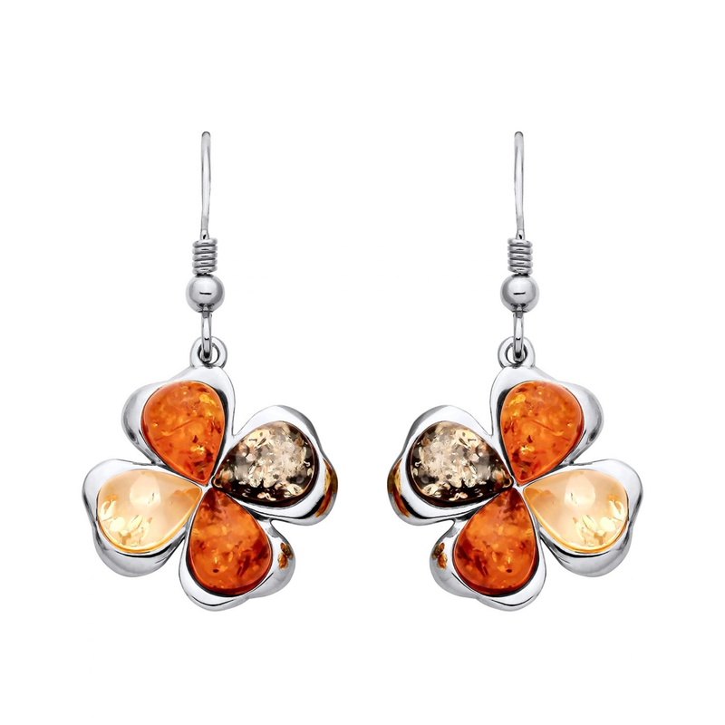 Sterling Silver Natural Baltic Amber Shamrock Drop Earrings
