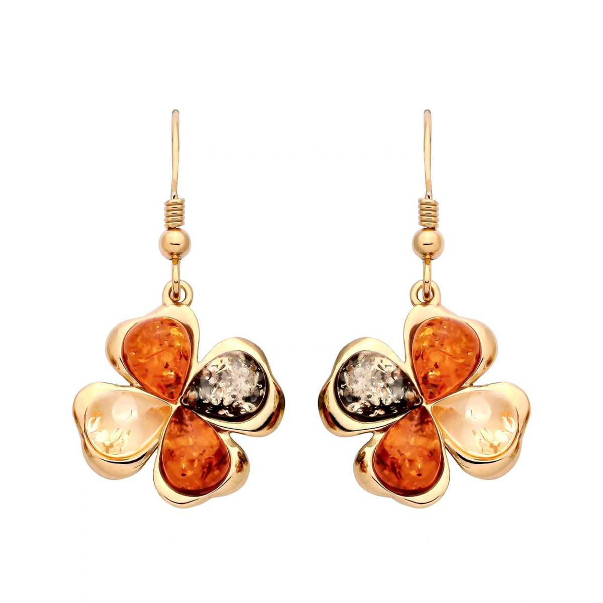Gold Plated Sterling Silver Natural Baltic Amber Shamrock Drop Earrings