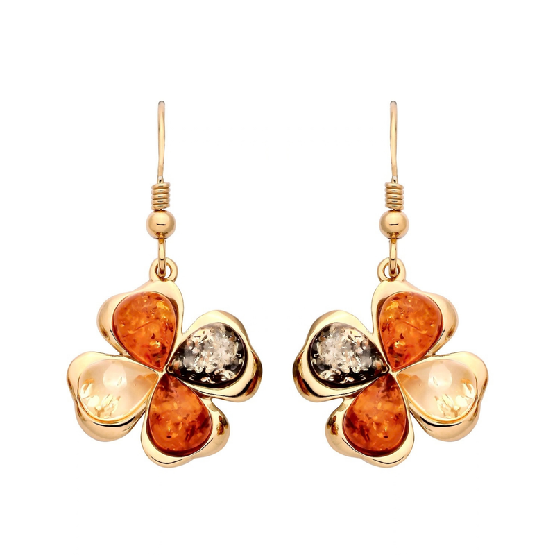 Gold Plated Sterling Silver Natural Baltic Amber Shamrock Drop Earrings