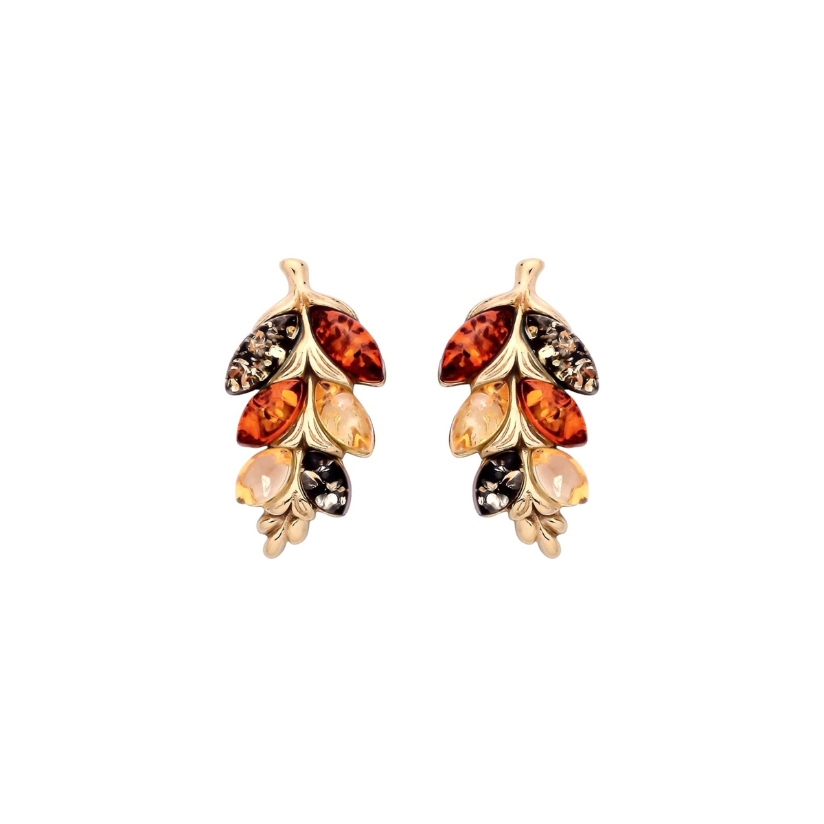 Gold Plated Sterling Silver Natural Baltic Amber Leaf Stud Earrings