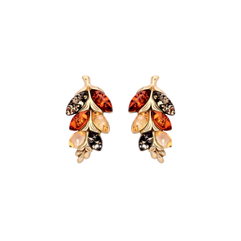 Gold Plated Sterling Silver Natural Baltic Amber Leaf Stud Earrings