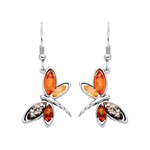 Sterling Silver Natural Baltic Amber Dragonfly Drop Earrings
