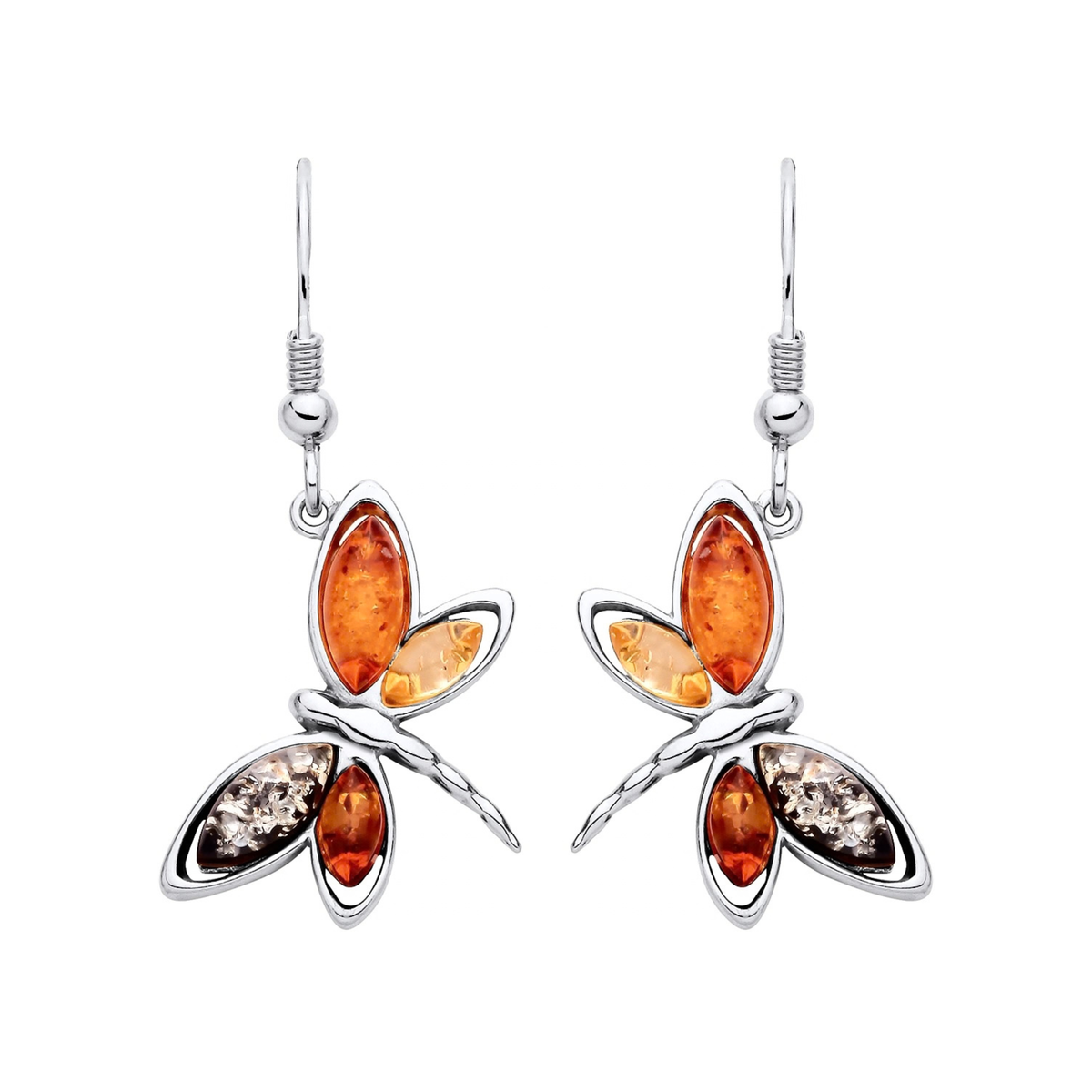 Sterling Silver Natural Baltic Amber Dragonfly Drop Earrings