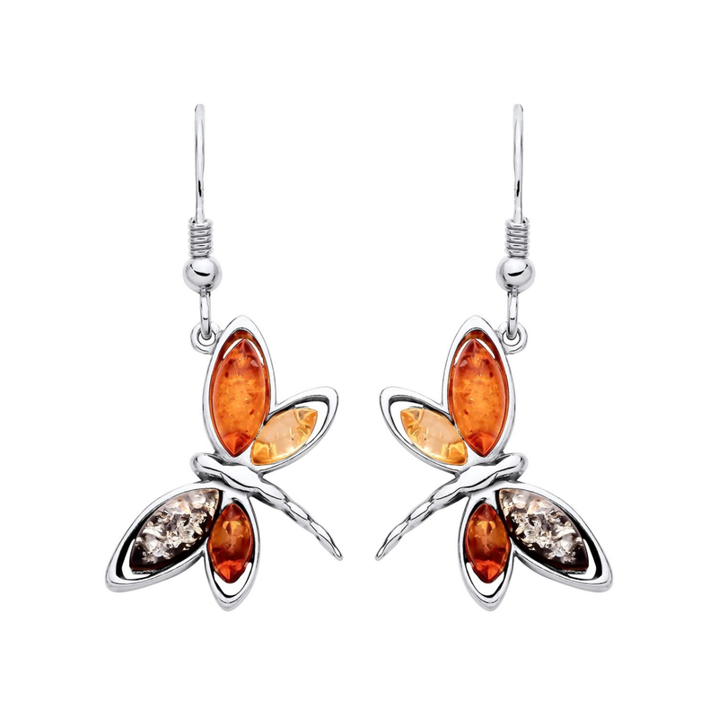 Sterling Silver Natural Baltic Amber Dragonfly Drop Earrings