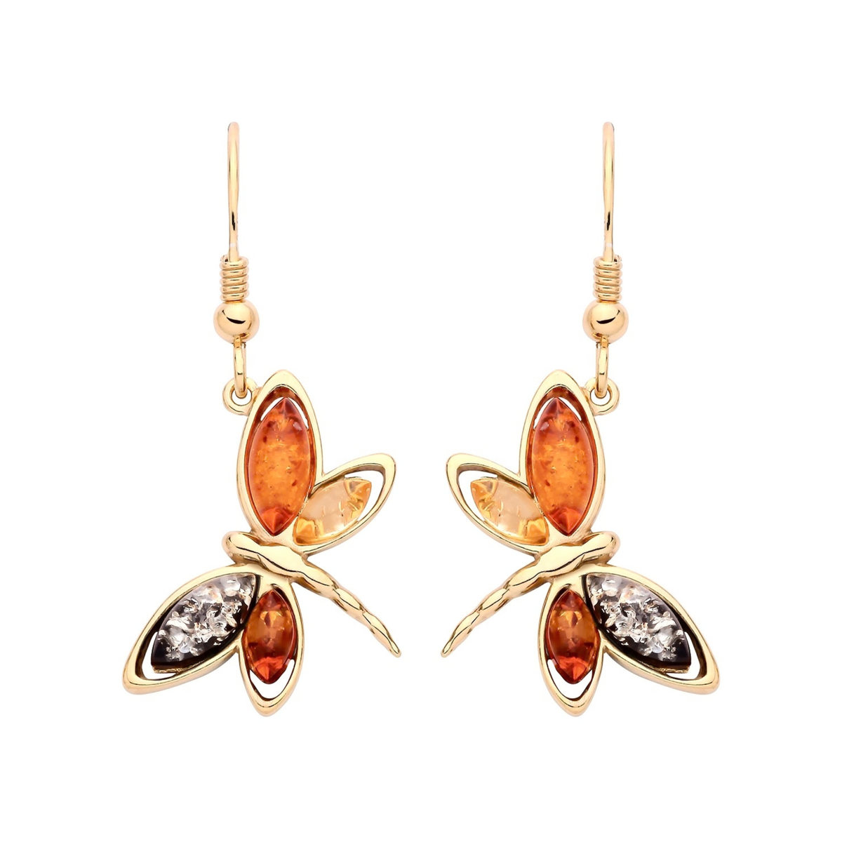 Gold Plated Sterling Silver Natural Baltic Amber Dragonfly Drop Earrings