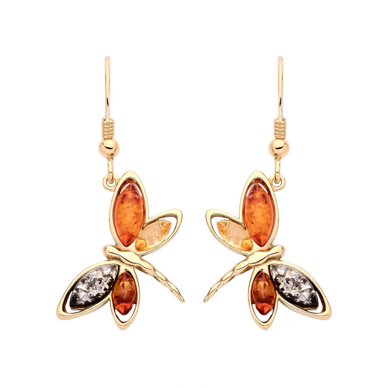 Gold Plated Sterling Silver Natural Baltic Amber Dragonfly Drop Earrings