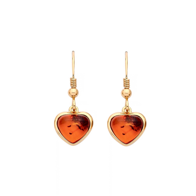 Gold Plated Sterling Silver Natural Baltic Amber Heart Drop Earrings