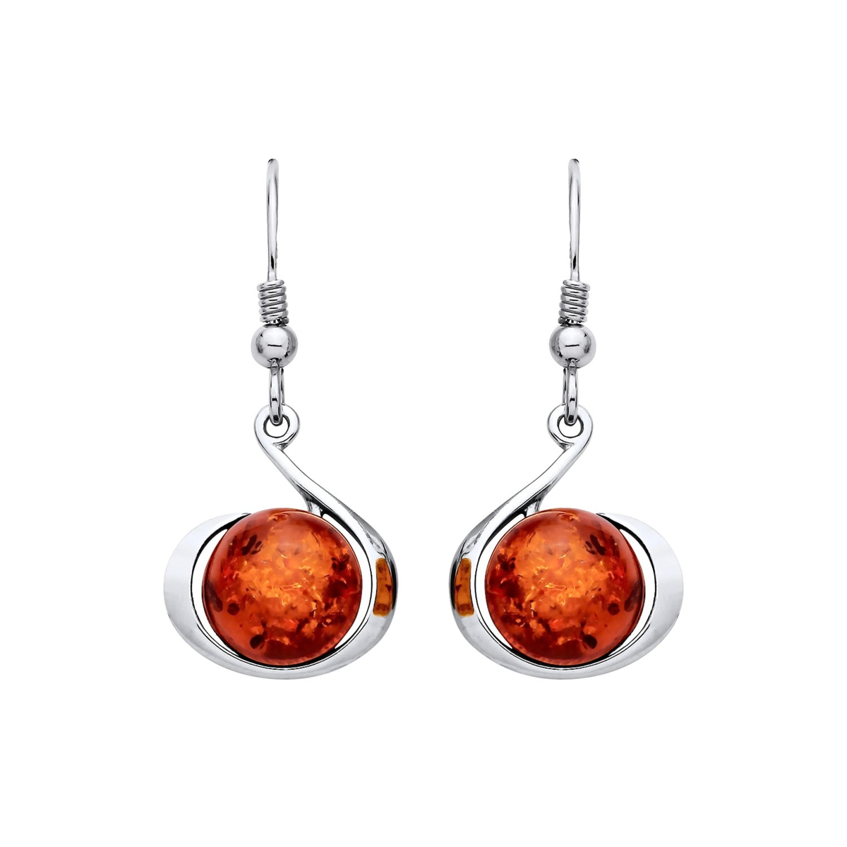 Sterling Silver Natural Baltic Amber Round Cabochon Drop Earrings
