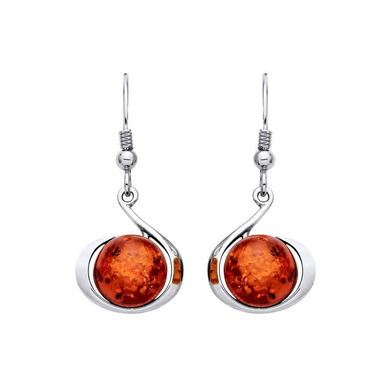 Sterling Silver Natural Baltic Amber Round Cabochon Drop Earrings