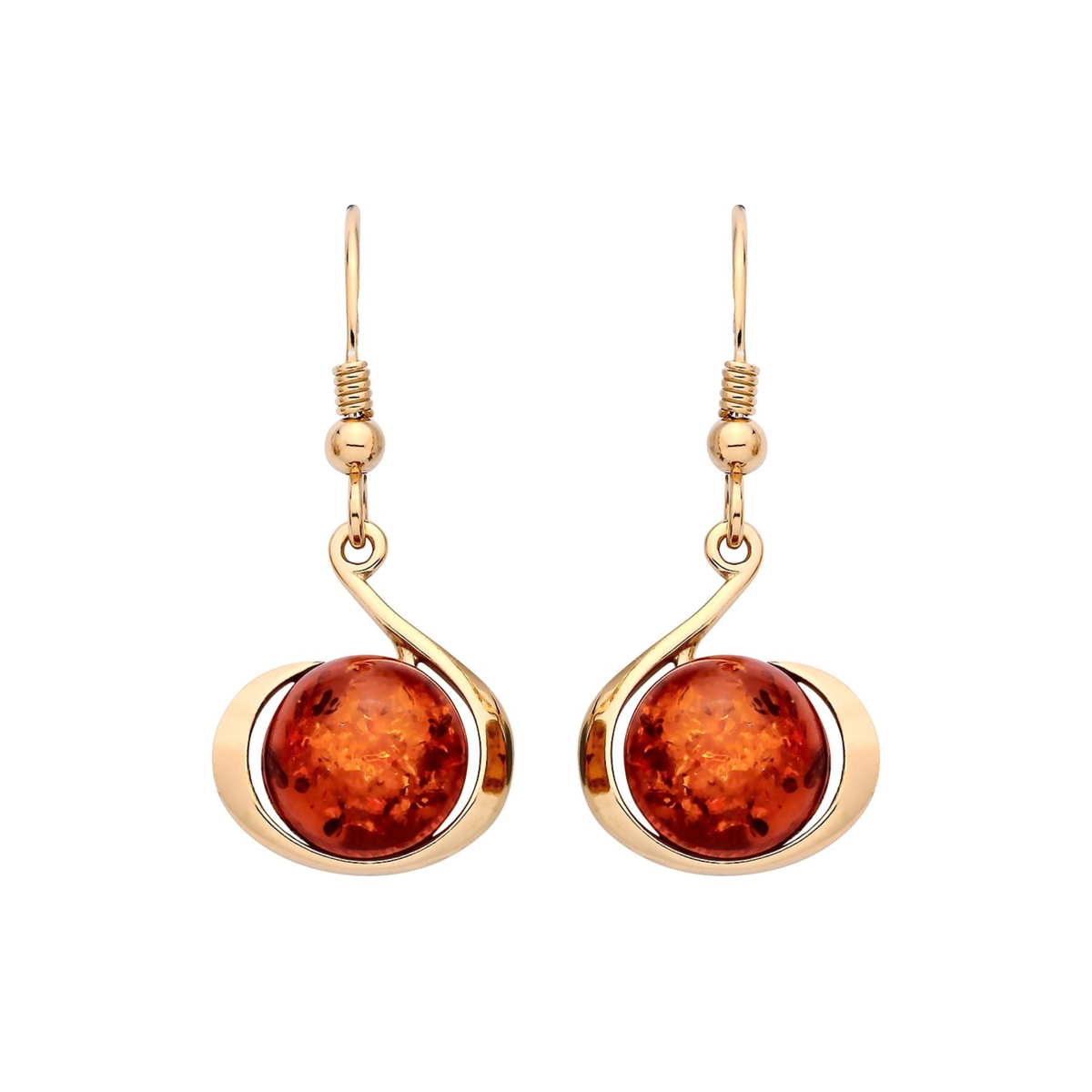 Gold Plated Sterling Silver Natural Baltic Amber Round Cabochon Drop Earrings