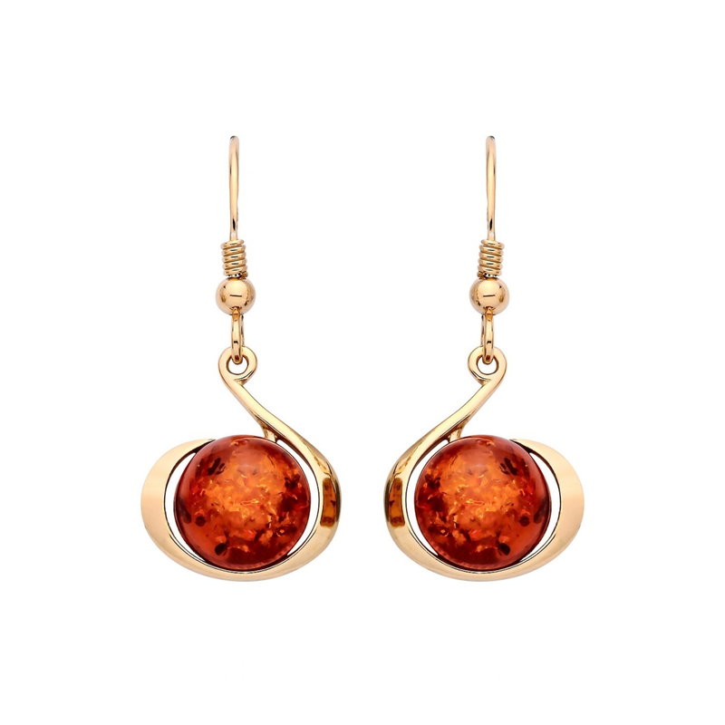 Gold Plated Sterling Silver Natural Baltic Amber Round Cabochon Drop Earrings