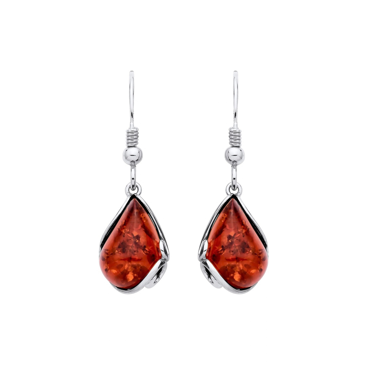 Sterling Silver Natural Baltic Amber Teardrop Floral Drop Earrings