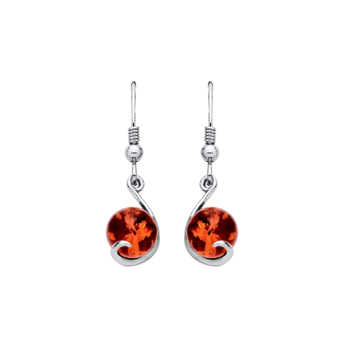 Sterling Silver Natural Baltic Amber Round Amber Swirl Drop Earrings