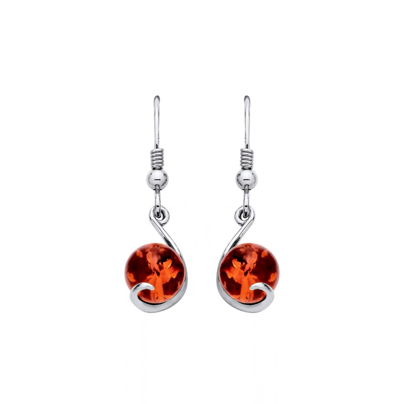 Sterling Silver Natural Baltic Amber Round Amber Swirl Drop Earrings