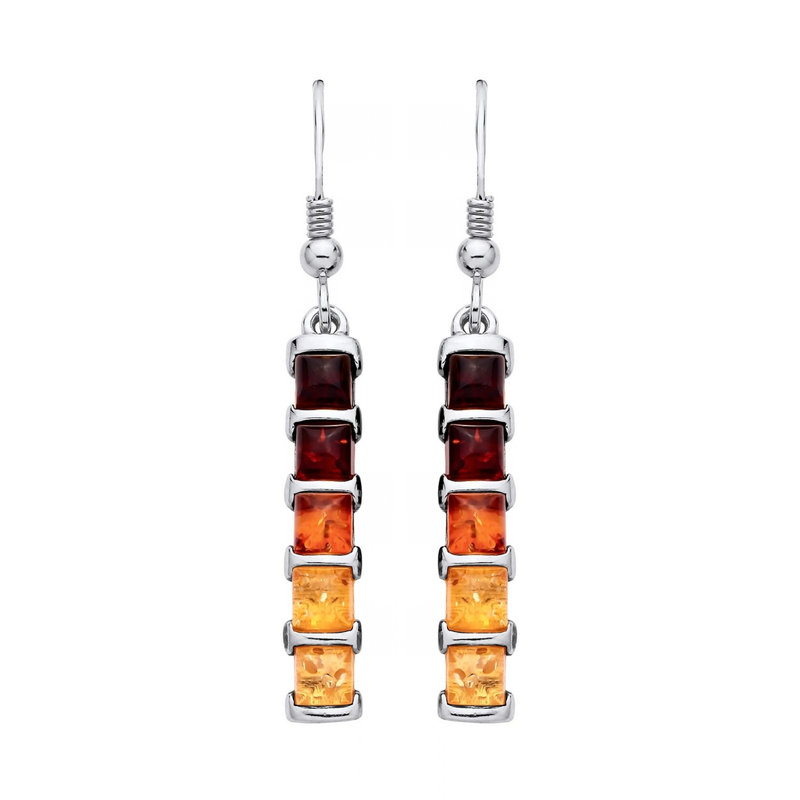 Sterling Silver Natural Baltic Amber Graduated Square Drop Earrings