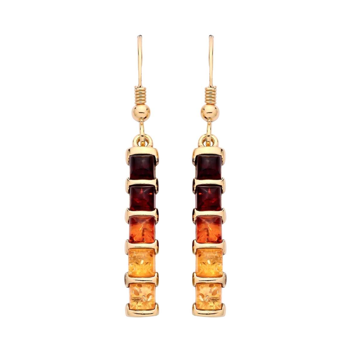 Gold Plated Sterling Silver Natural Baltic Amber Graduated Square Drop Earrings