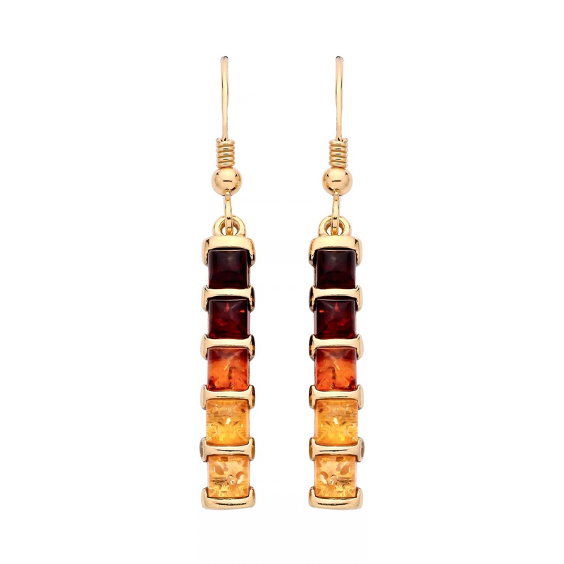 Gold Plated Sterling Silver Natural Baltic Amber Graduated Square Drop Earrings