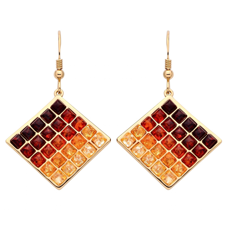 Gold Plated Sterling Silver Natural Baltic Amber Mosaic Diamond Drop Earrings