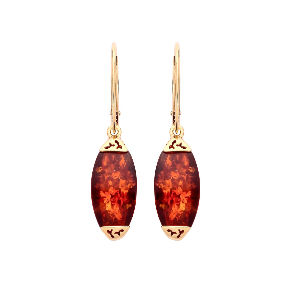Gold Plated Sterling Silver Natural Baltic Amber Elongated Oval Drop Earrings