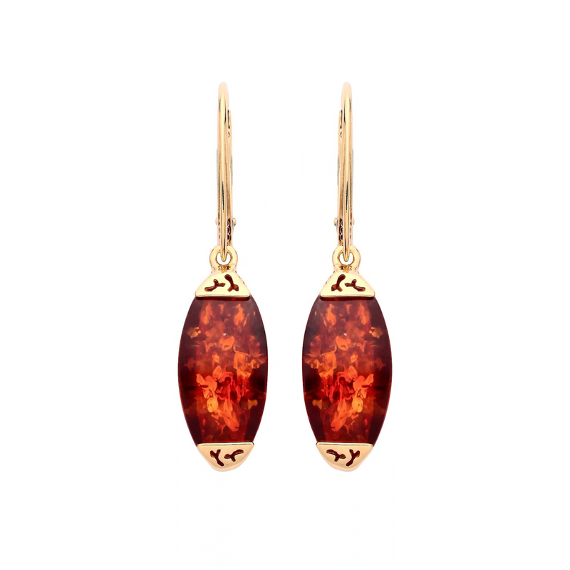 Gold Plated Sterling Silver Natural Baltic Amber Elongated Oval Drop Earrings