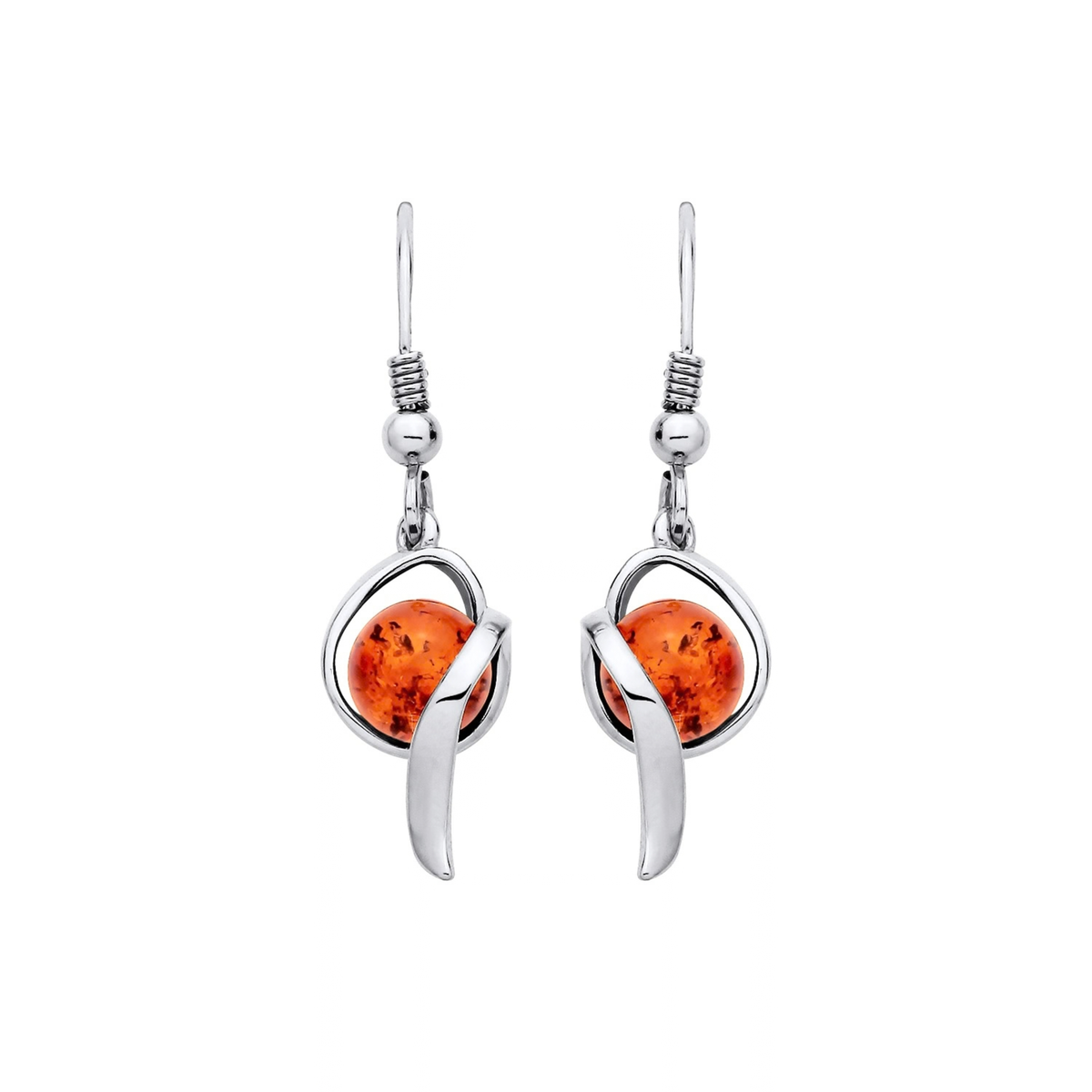 Sterling Silver Natural Baltic Amber Round Cabochon Sweep Drop Earrings