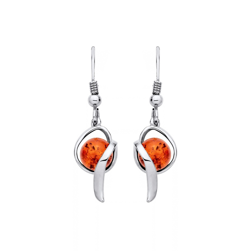 Sterling Silver Natural Baltic Amber Round Cabochon Sweep Drop Earrings