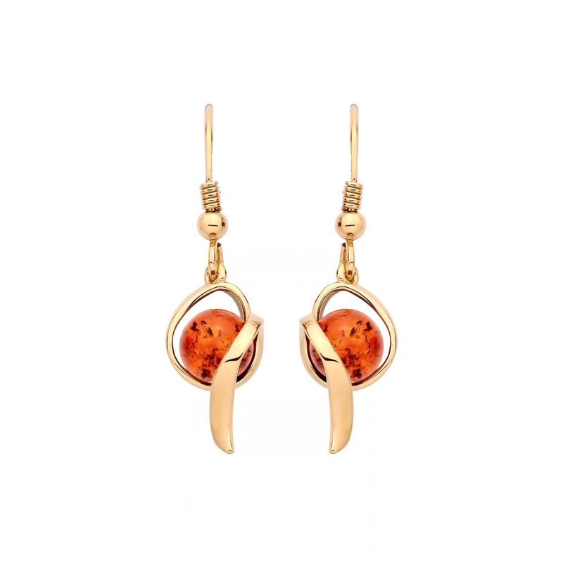 Gold Plated Sterling Silver Natural Baltic Amber Round Cabochon Sweep Drop Earrings