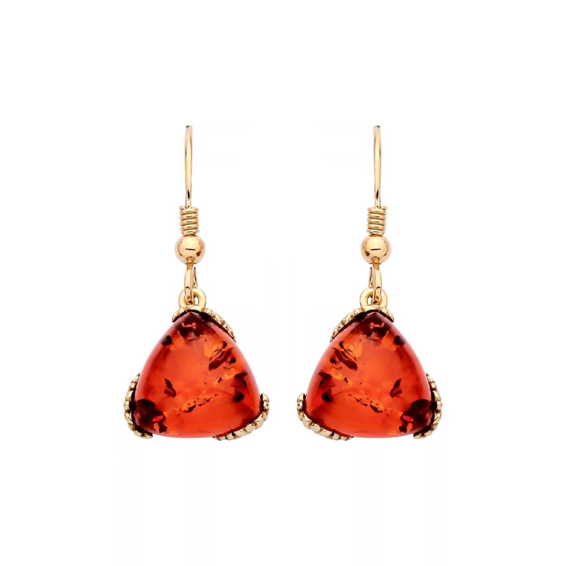 Gold Plated Sterling Silver Natural Baltic Amber Angular Triangle Drop Earrings
