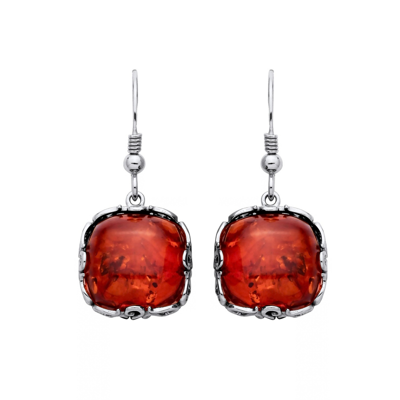 Sterling Silver Natural Baltic Amber Geometric Square Drop Earrings