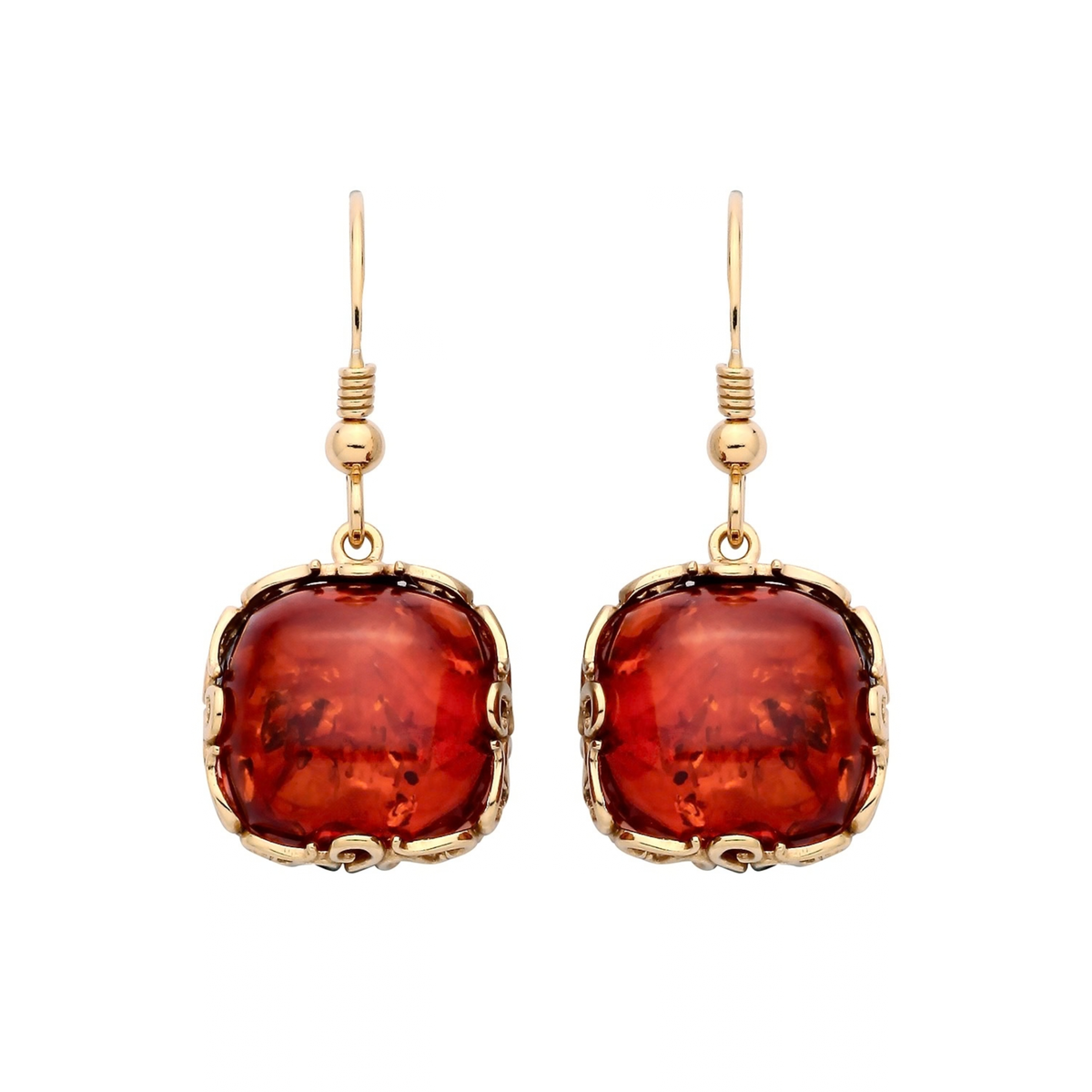 Gold Plated Sterling Silver Natural Baltic Amber Geometric Square Drop Earrings