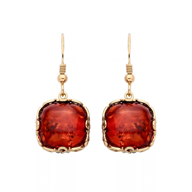 Gold Plated Sterling Silver Natural Baltic Amber Geometric Square Drop Earrings