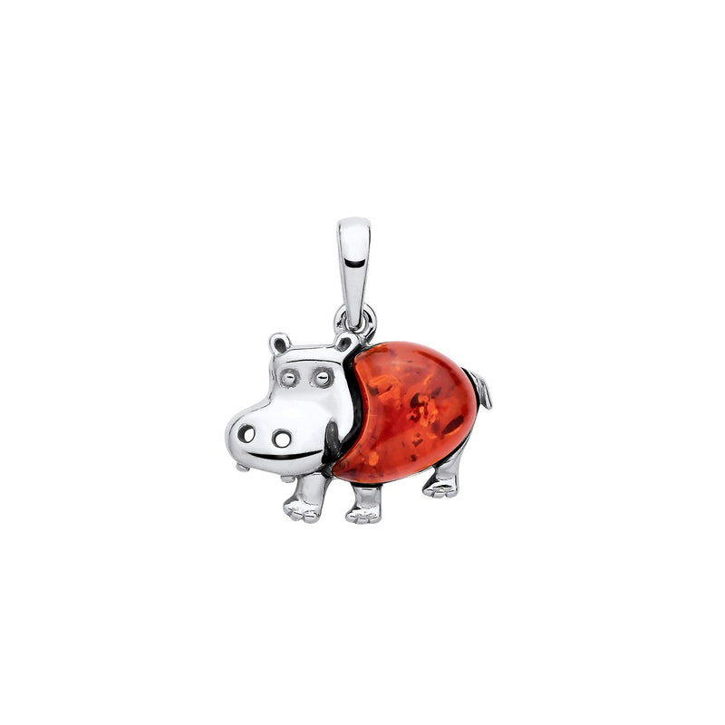 Sterling Silver Natural Baltic Amber Hippo Pendant
