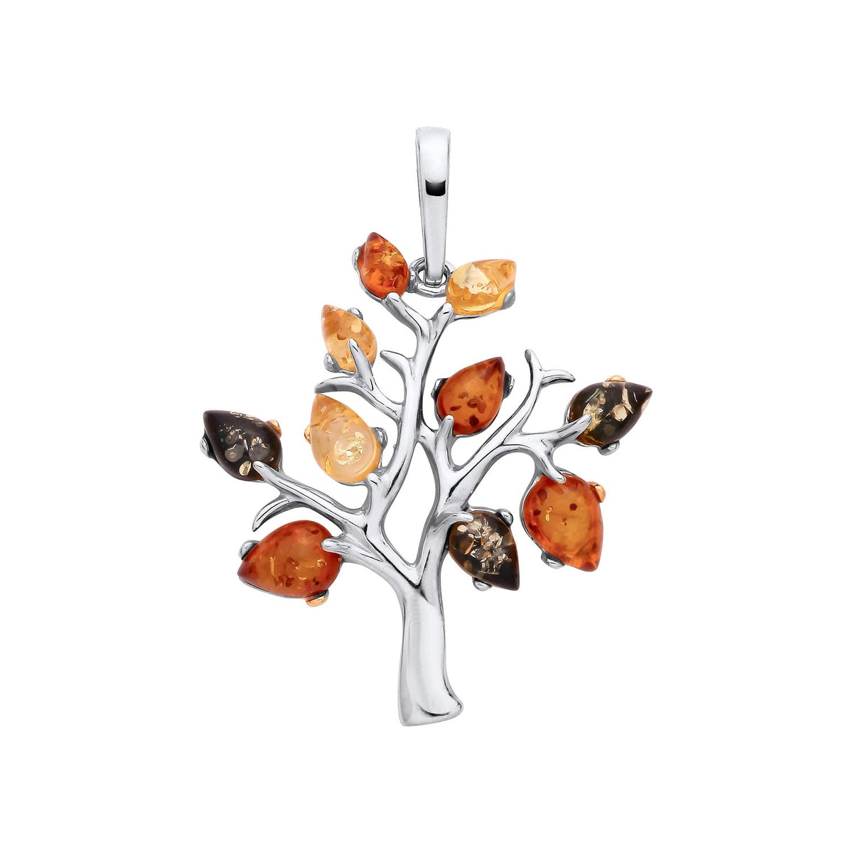 Sterling Silver Natural Baltic Amber Multi Coloured Tree of Life Pendant