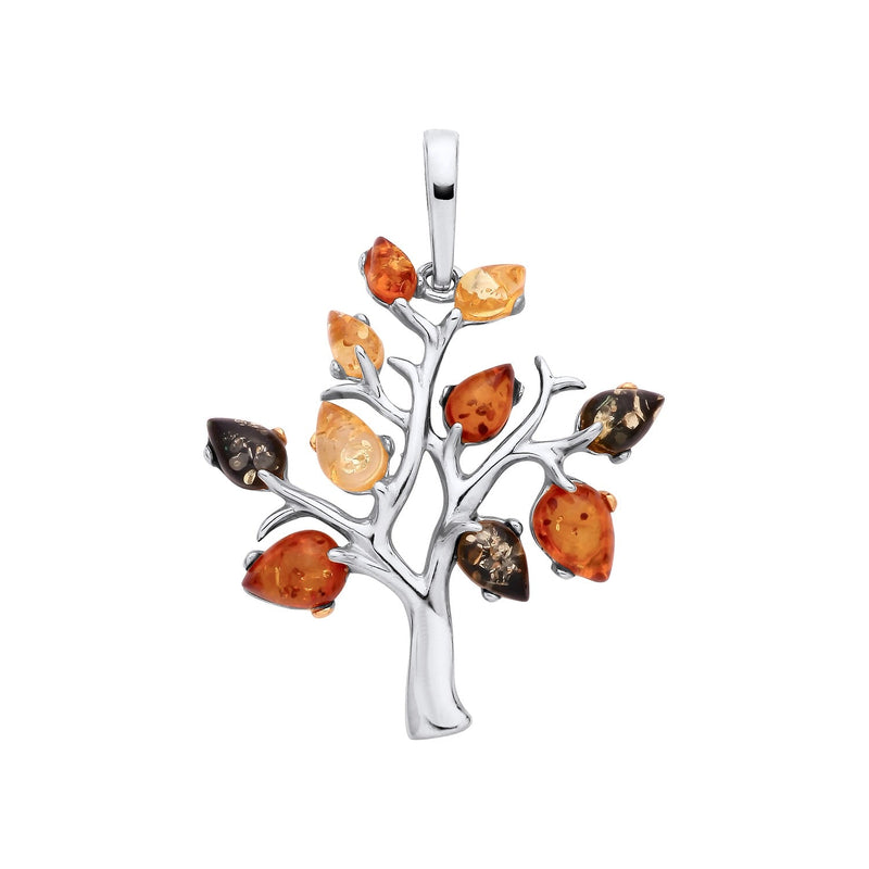 Sterling Silver Natural Baltic Amber Multi Coloured Tree of Life Pendant